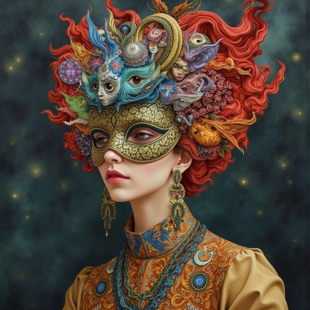 Ornate Masks Reveal Ethereal Woman: A Digital Artwork