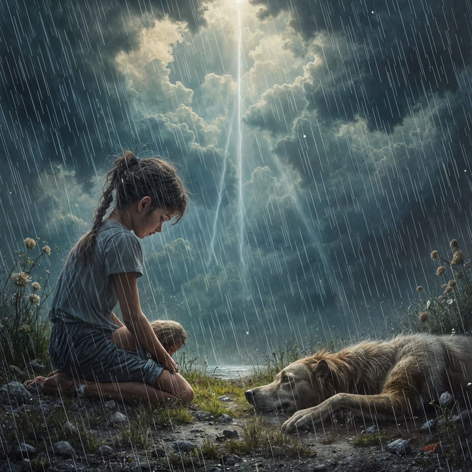 Little Girl Mourns Deceased Dog in Stormy Embrace