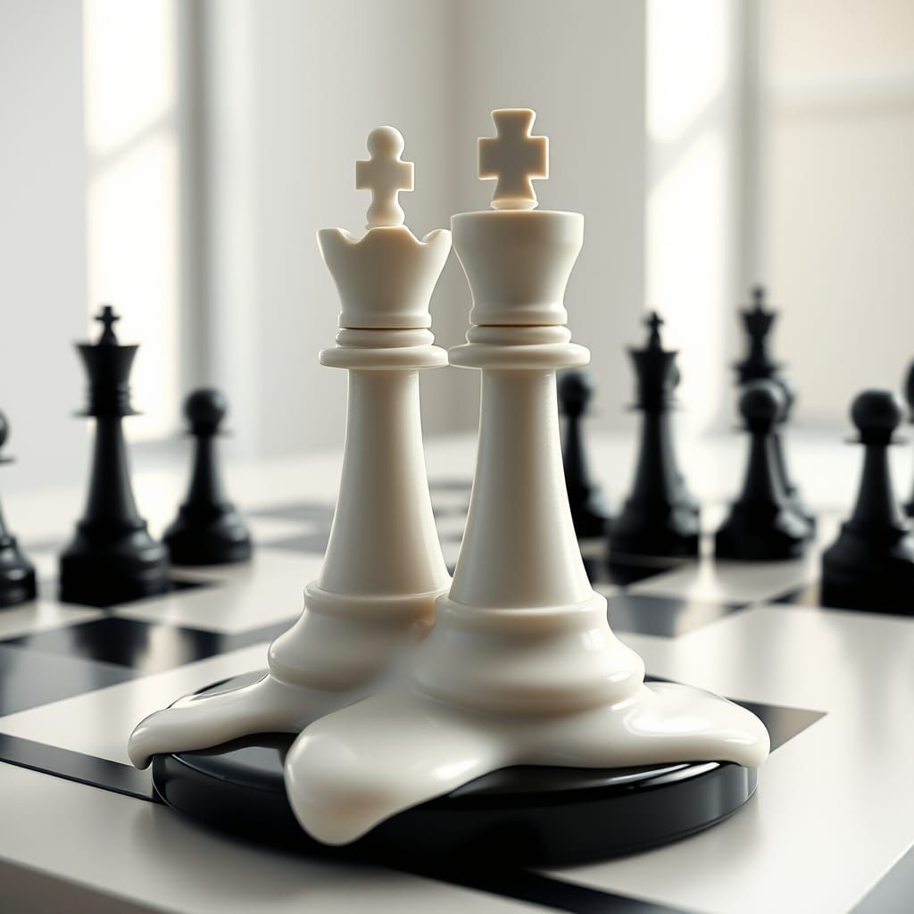 Melting Chess Pieces in Hyperrealistic Style