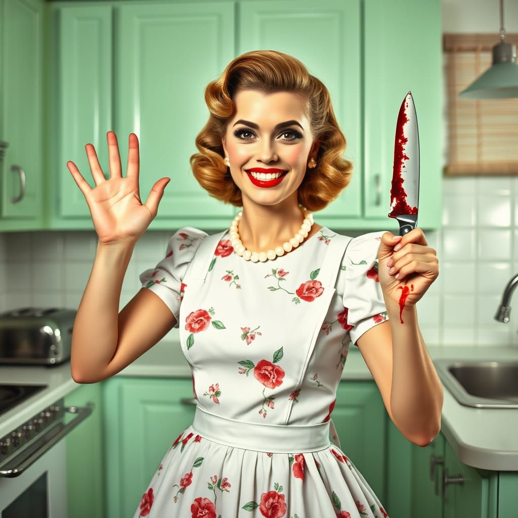 Unsettling 1950s Housewife in Retro Kitchen