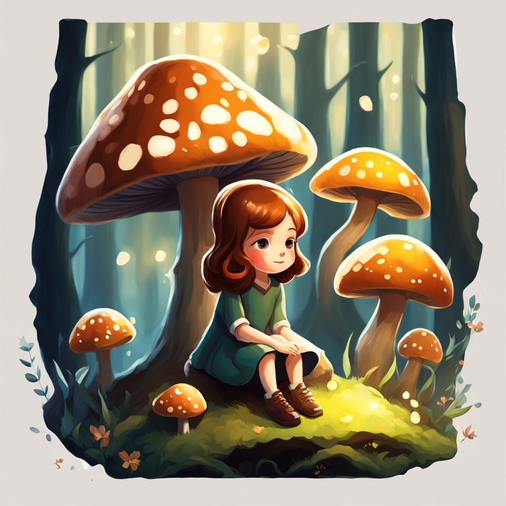 Girl on Giant Mushroom Amidst Glowing Fireflies