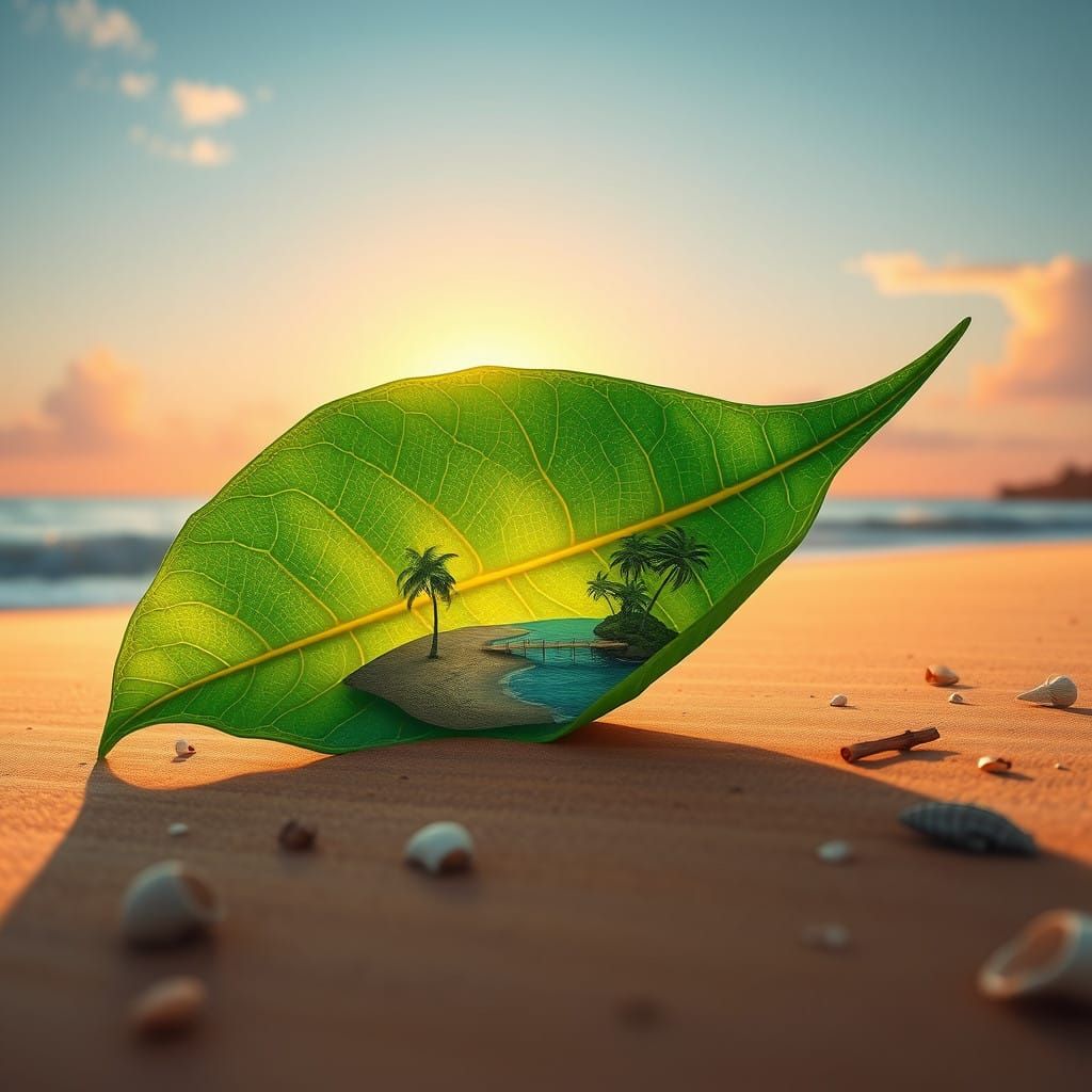 Emerald Leaf Reveal: Miniature Tropical Paradise at Sunset