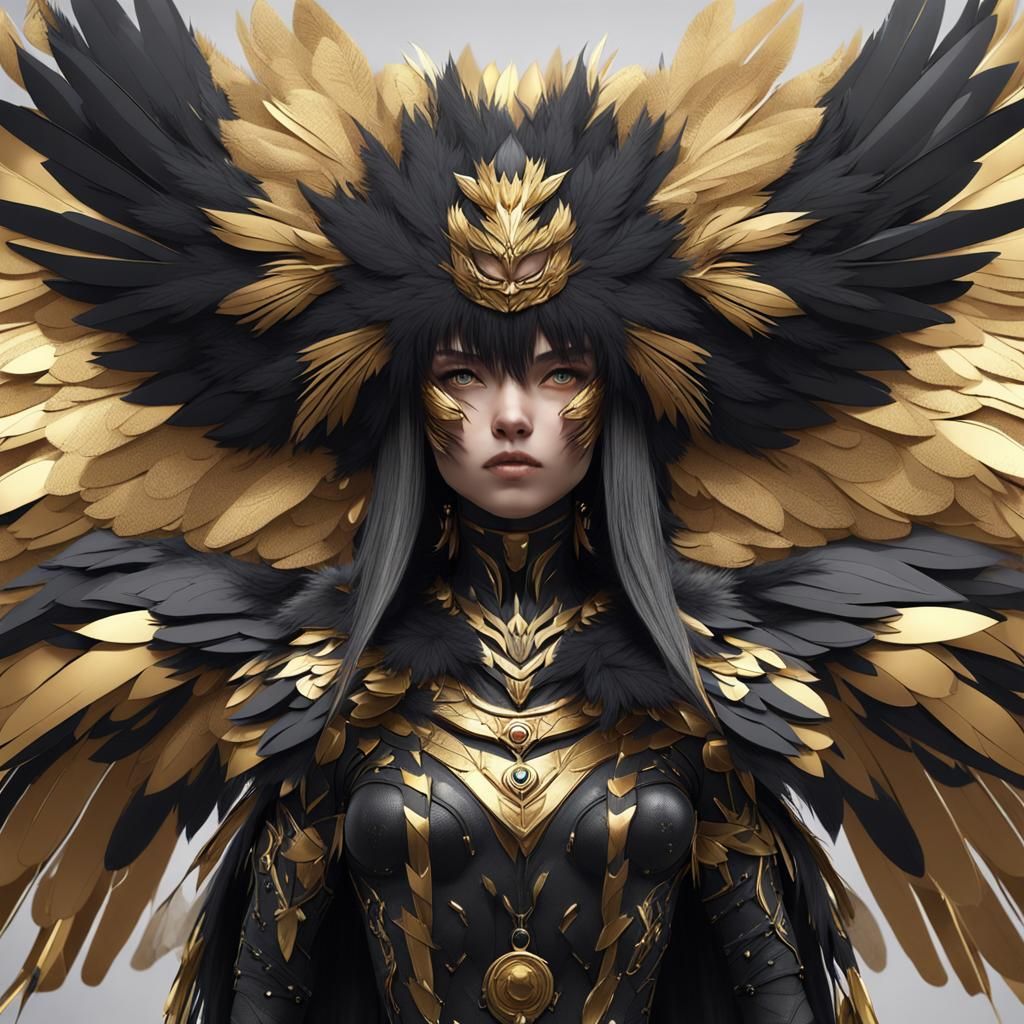 Anime-Inspired Bird Woman with Gold and Black Feathers