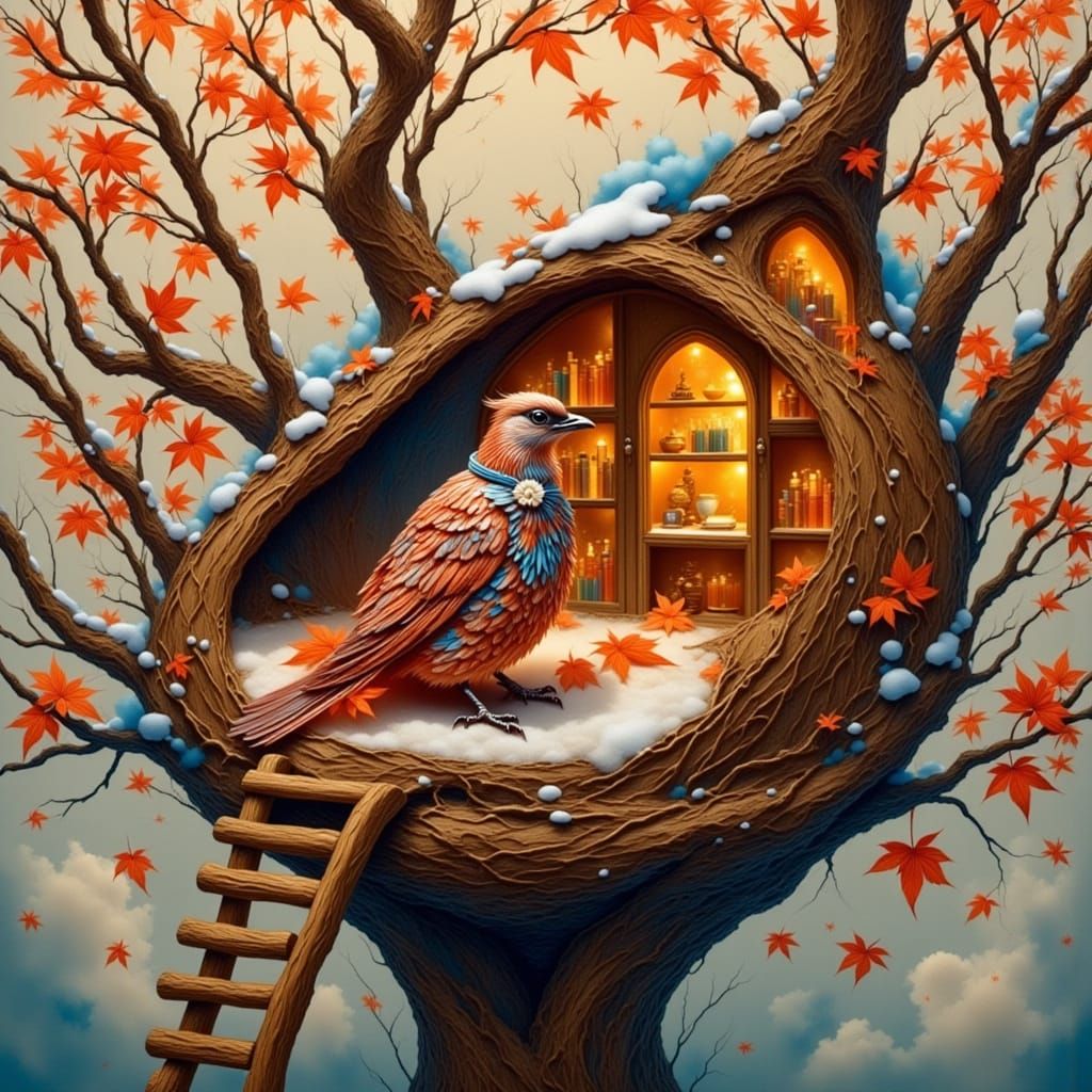 <lora:Shelly flux:1.0> A LONE, fair-skinned PINKBIRD, with...