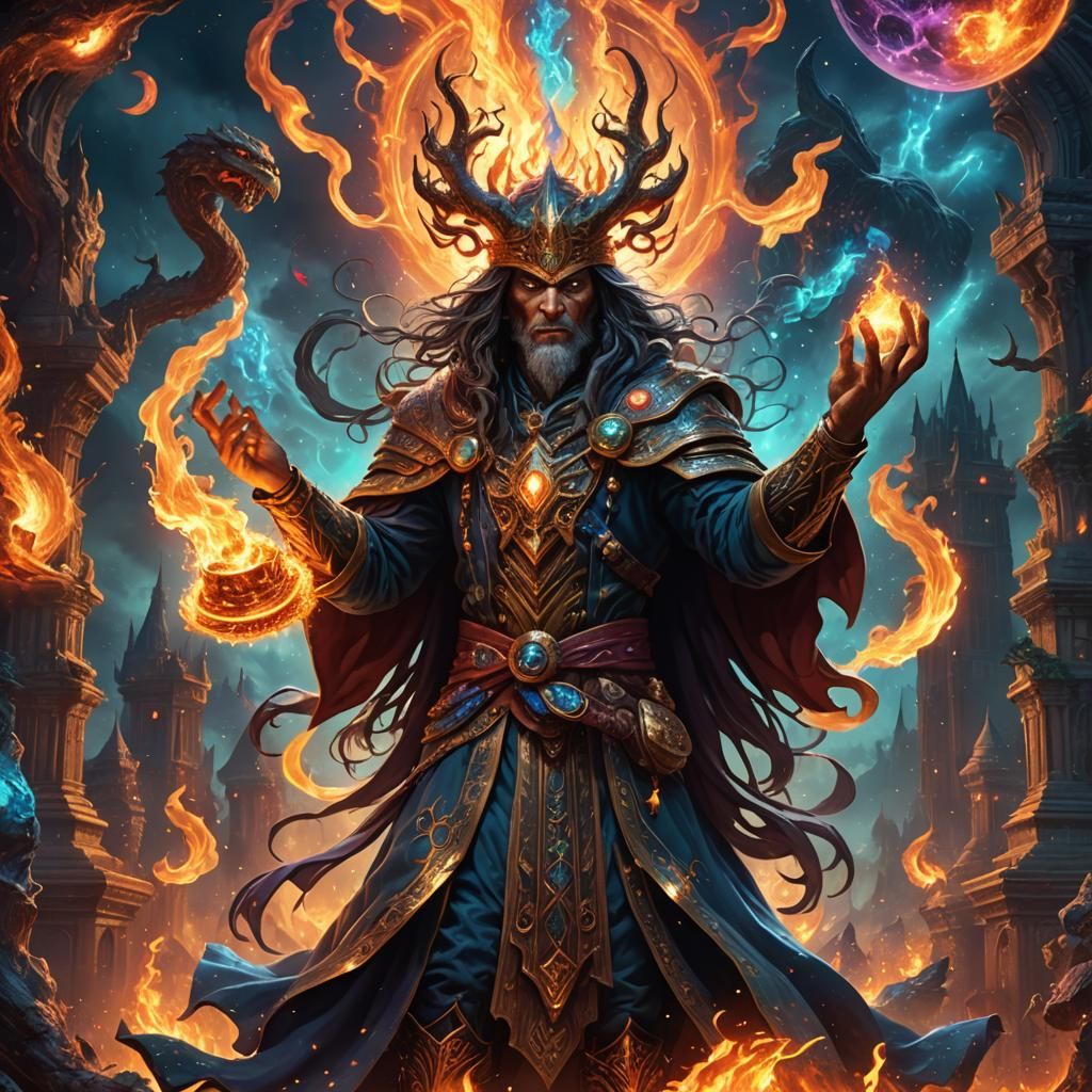 Mage Conjuring Flames in Cosmic Digital Art