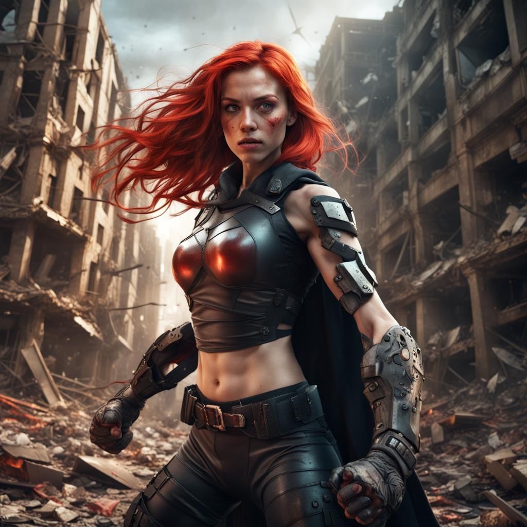 Multi-Armed Superheroine Battles in Ruined Cityscape