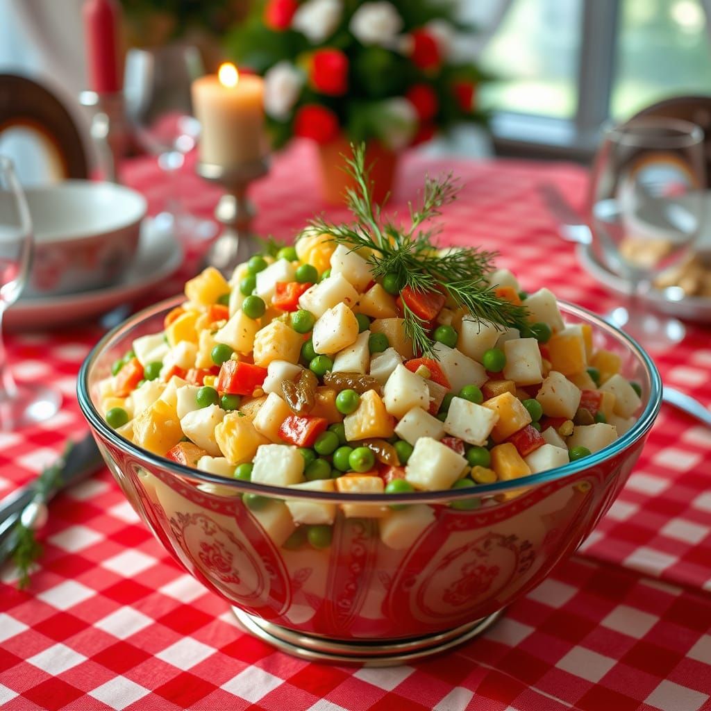 Vibrant Holiday Russian Salad in Rustic Folk Art Style