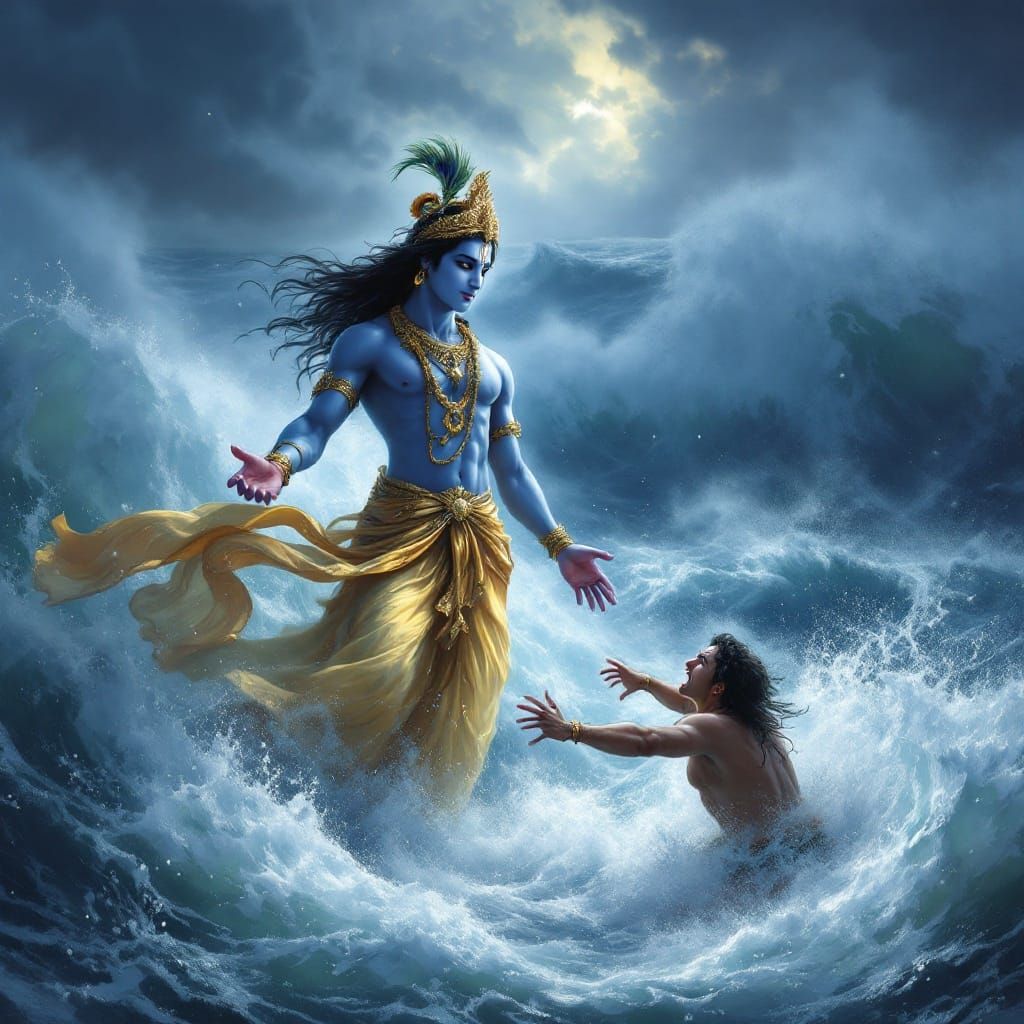 Divine Lord Krishna Standing Calmly on Stormy Sea