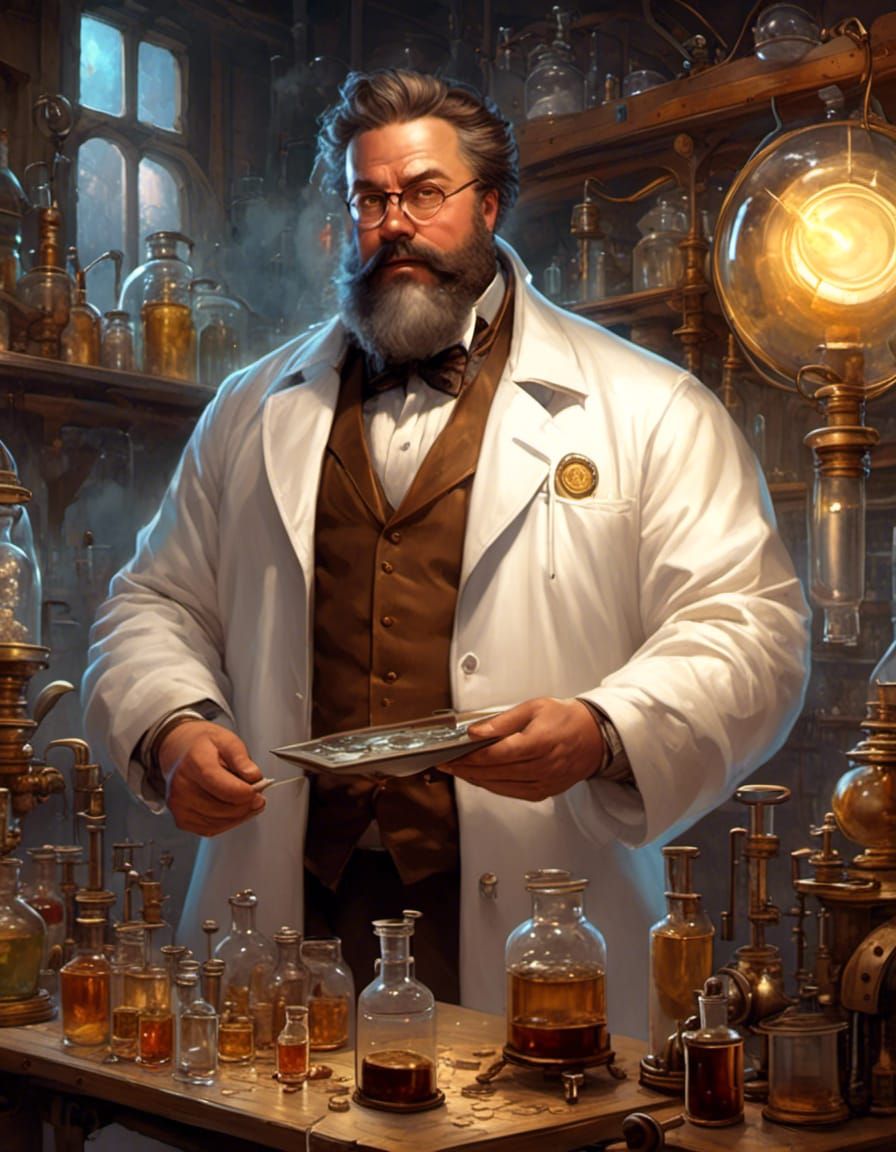 Steampunk Chemist Brews Bubbling Potion in Laboratory