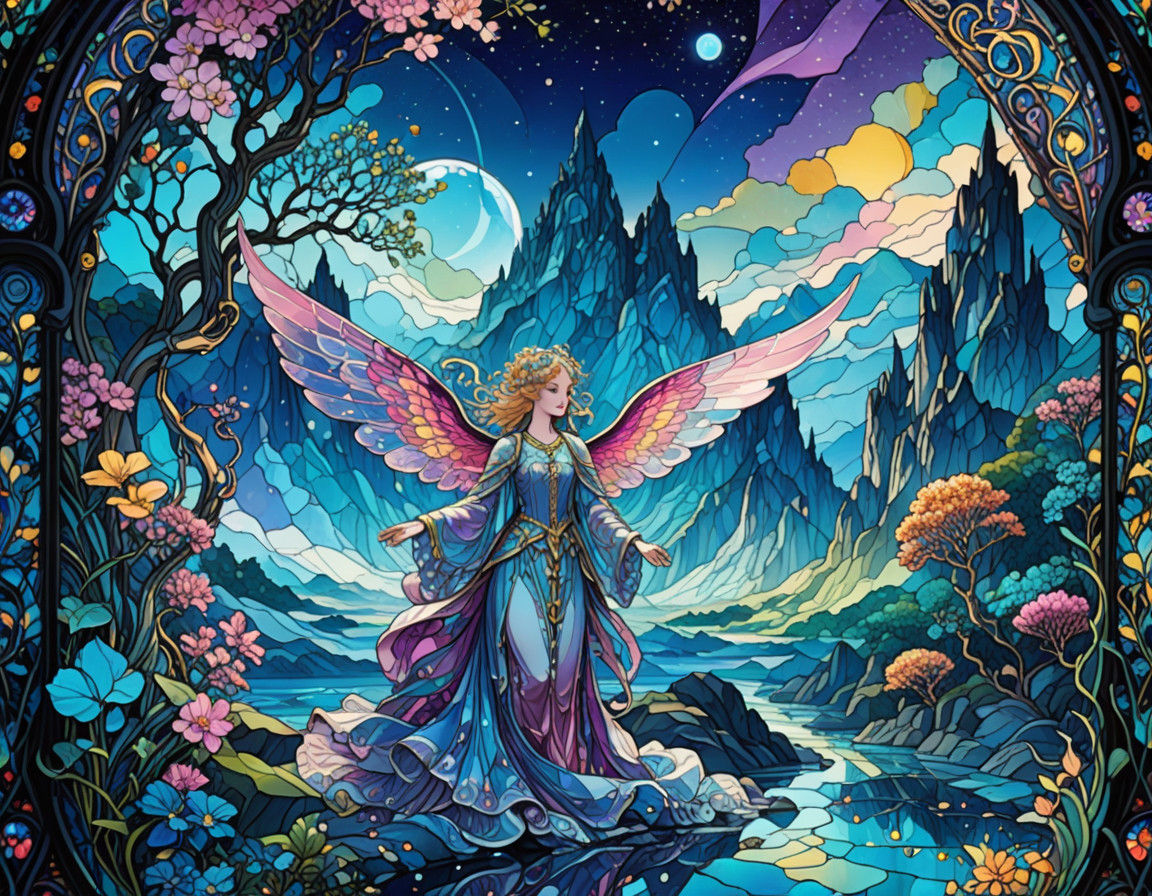 Vibrant Stained Glass Fantasy Realm with Elaborate Filigree....