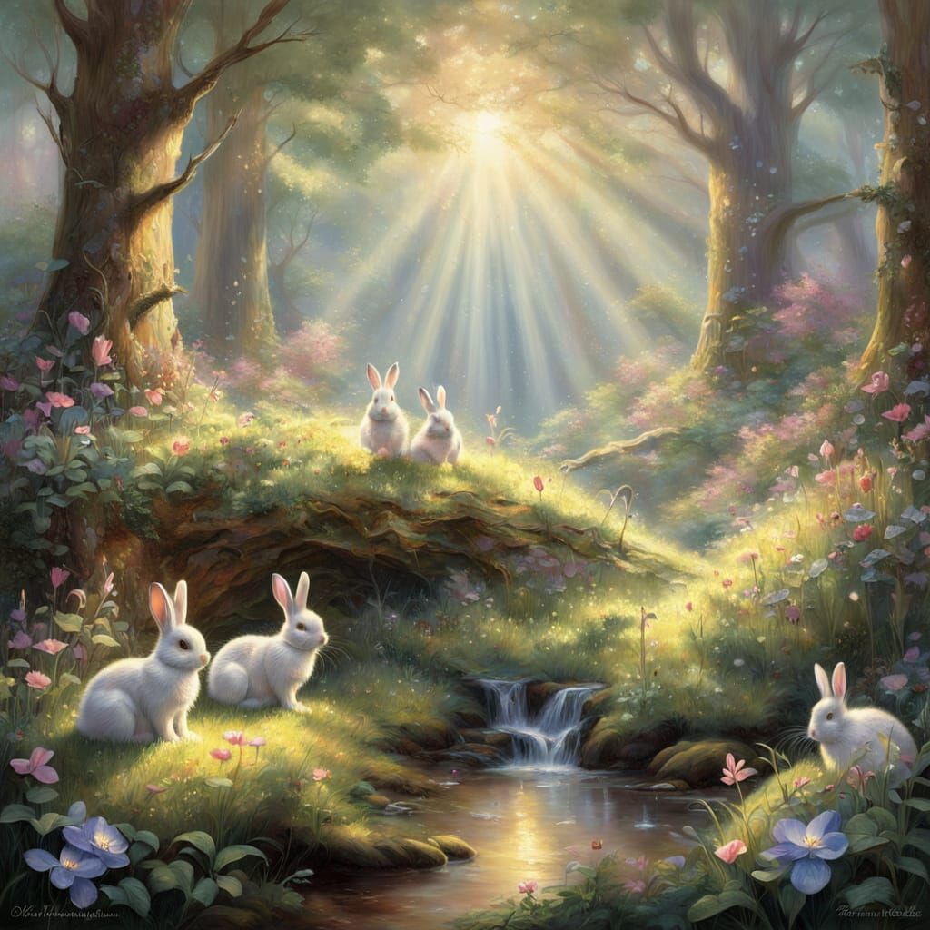 Ethereal Rabbits in Sun-Dappled Forest Clearing