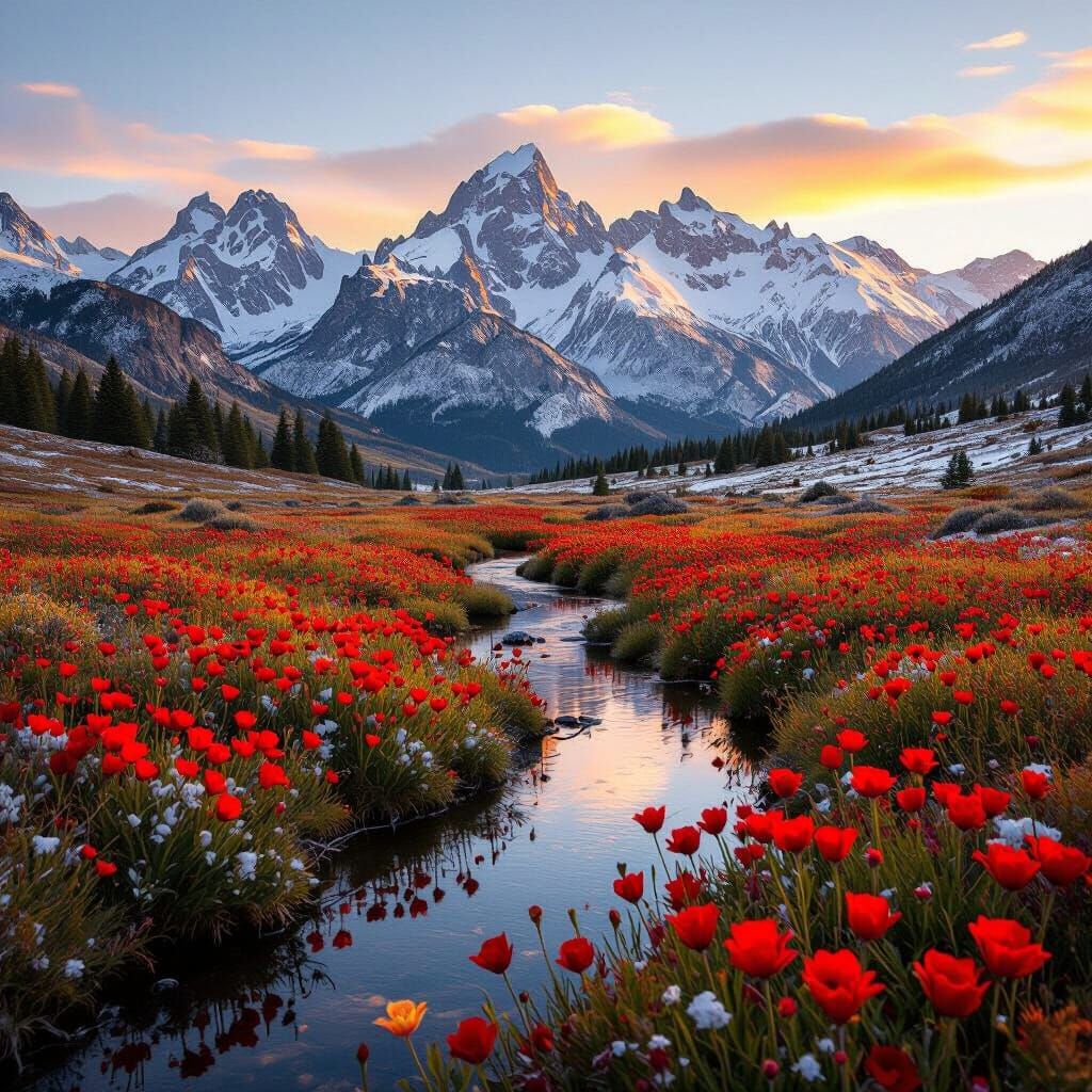 Snow-Dusted Mountains with Red Meadow at Sunset