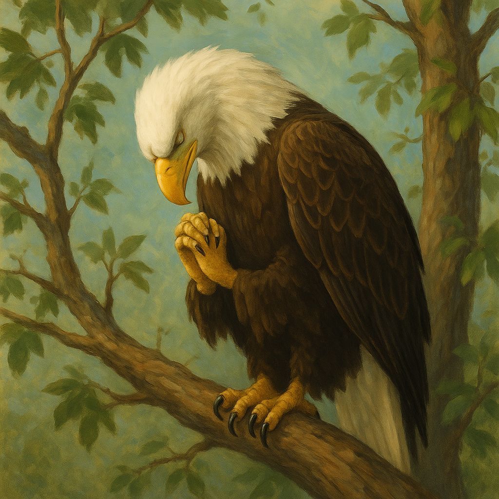 Eagle in Contemplative Flight Amidst Treetops