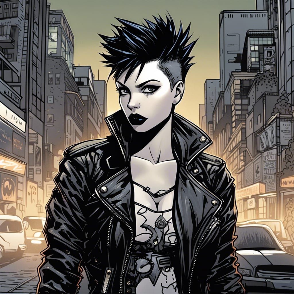 Punk Woman in City Street: Comic Book Art