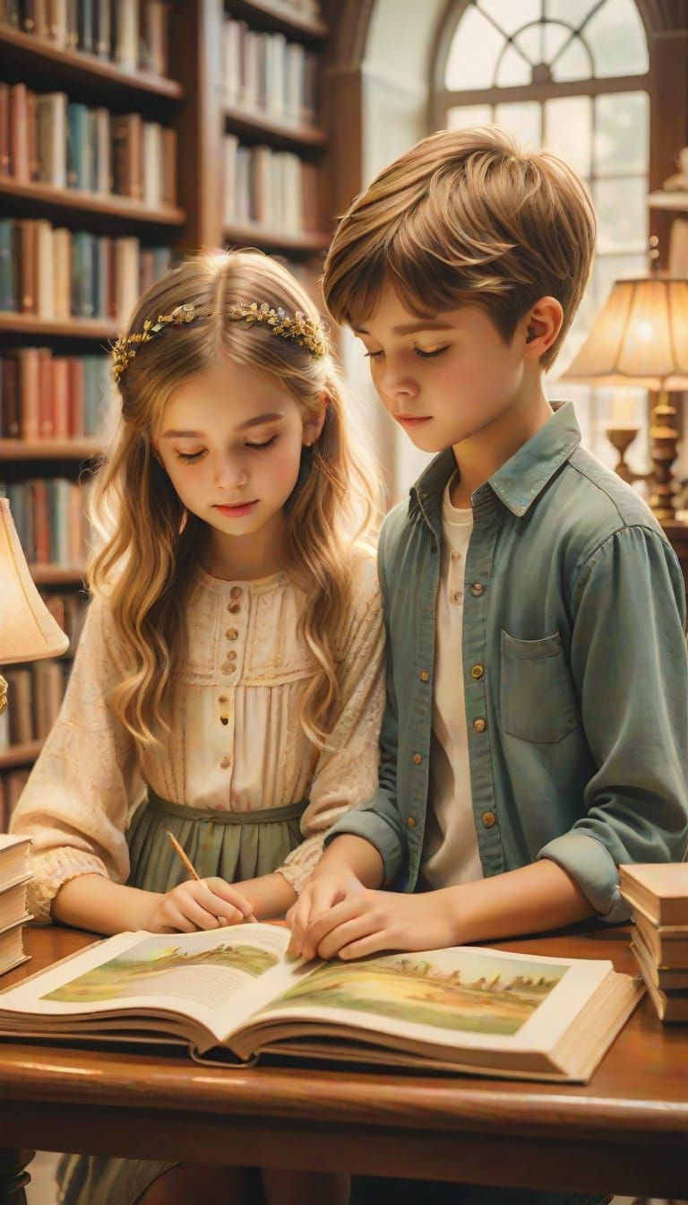 Whimsical Fantasy Library Scene in Dreamy Watercolor Style