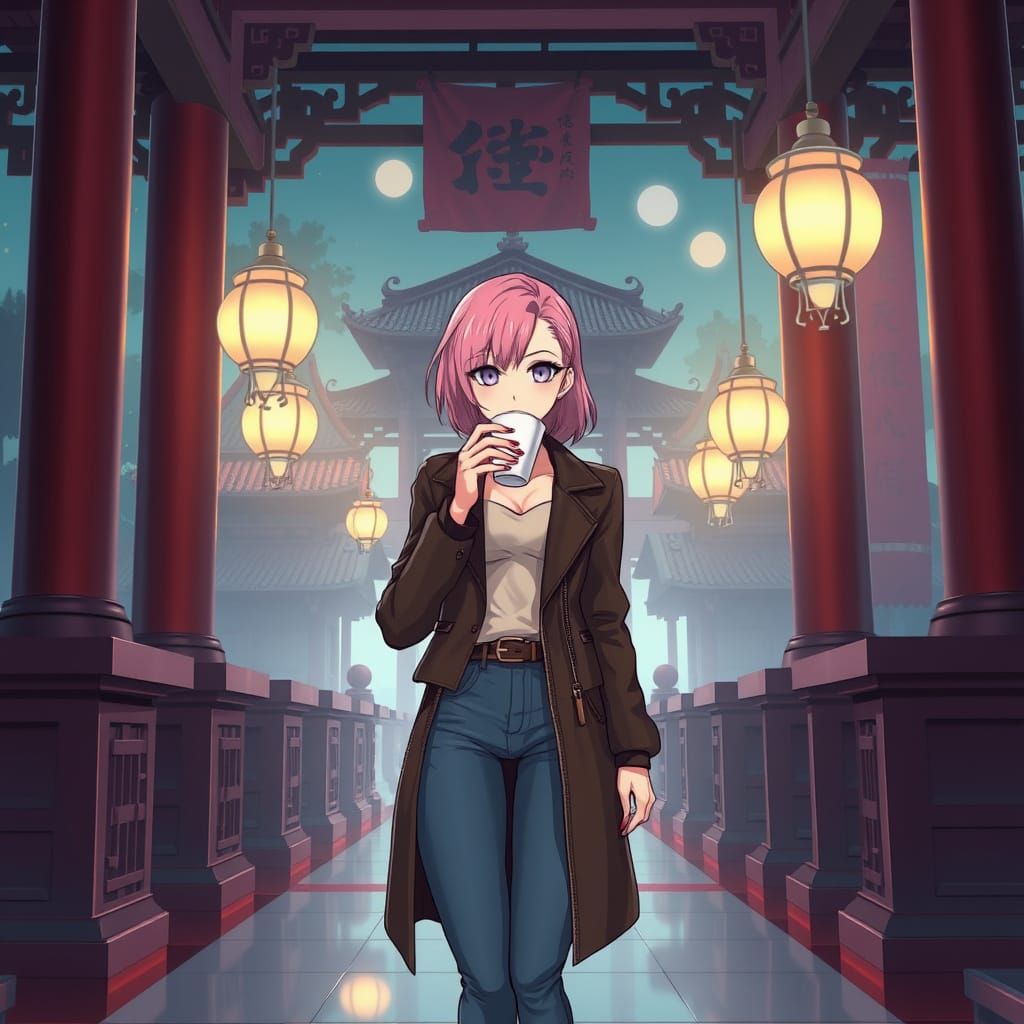 Elegant Anime Goddess Sips Tea in Temple