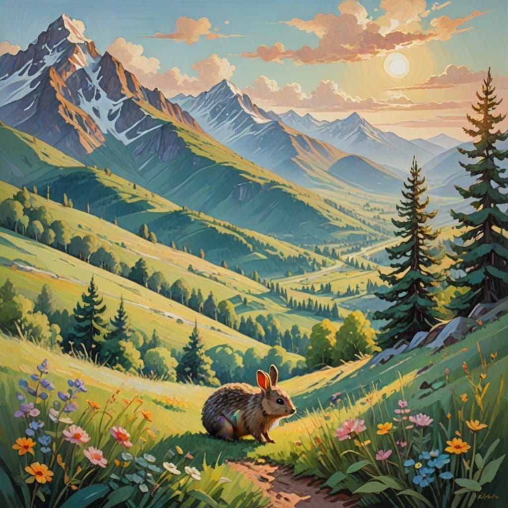 Idyllic Landscape Painting with Rabbit and Hedgehog