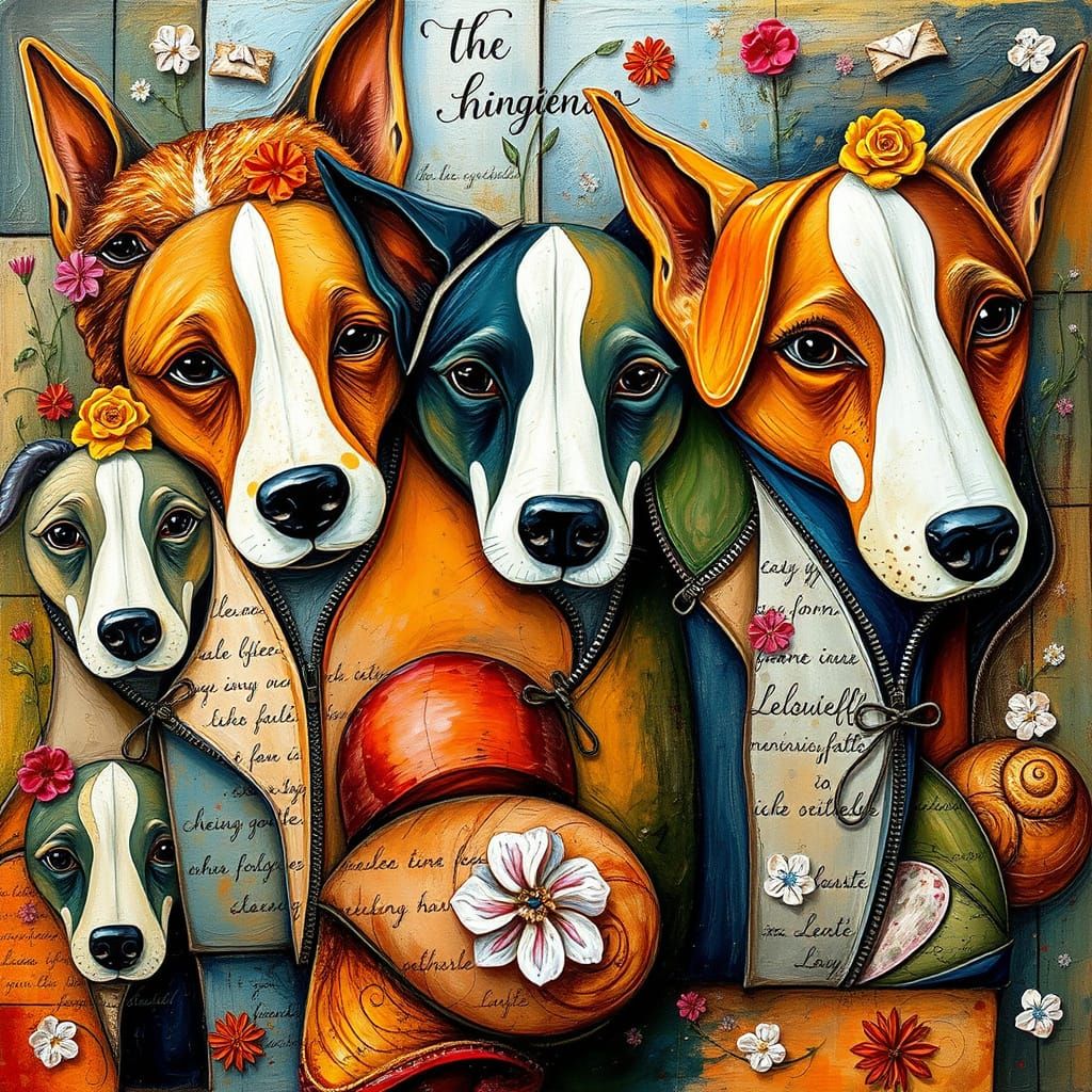 Vibrant Abstract Artwork with Dogs, Snails, and Whimsical Te...