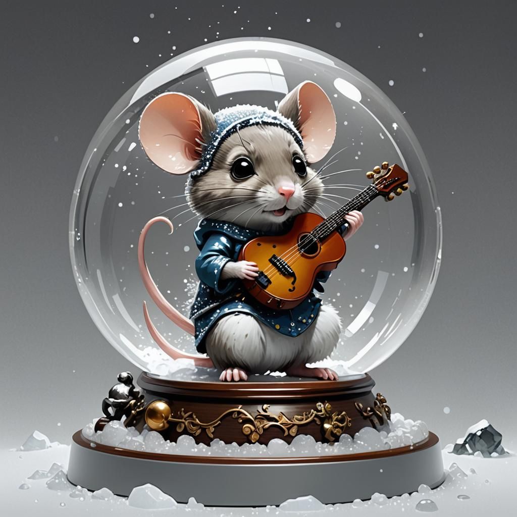 Mouse Rockstar in Snow Globe: Retro Digital Art