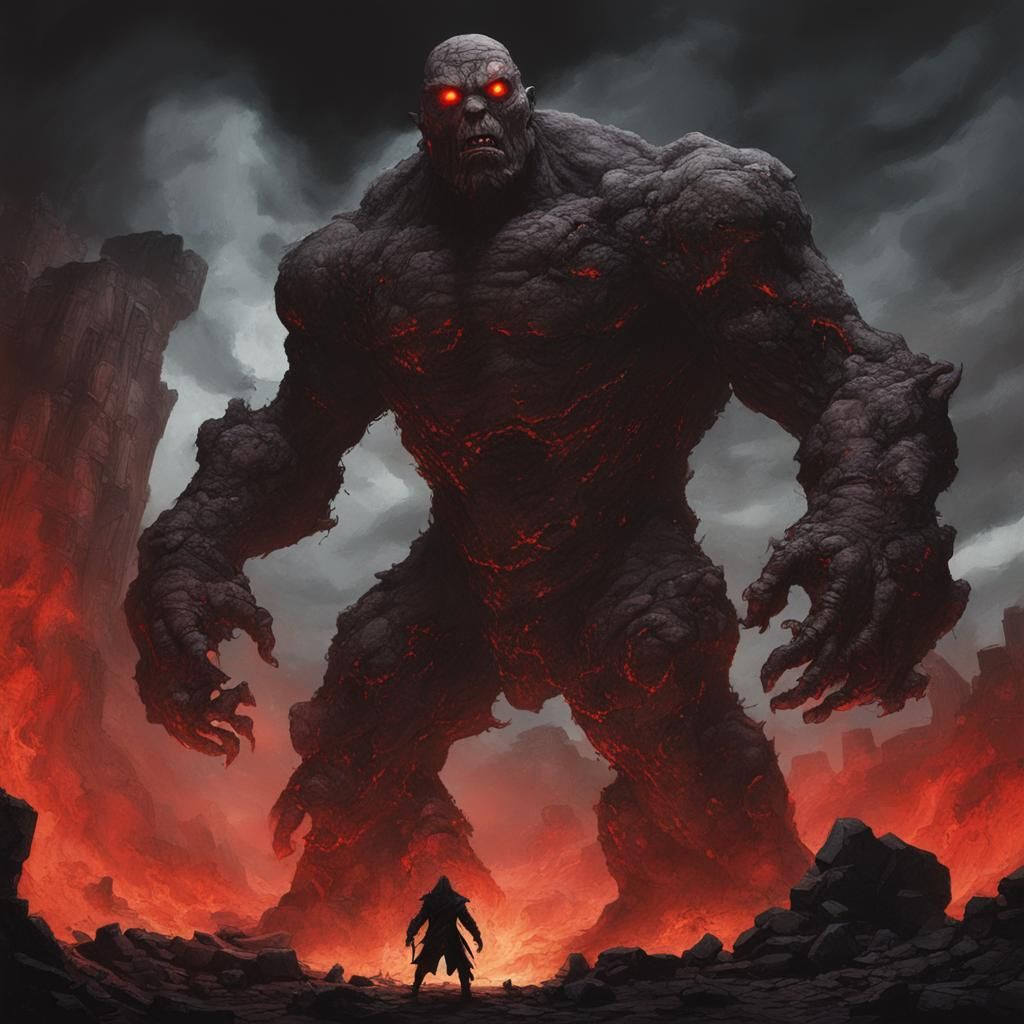 Shadow Golem Amidst Ruins in Dark Fantasy Art