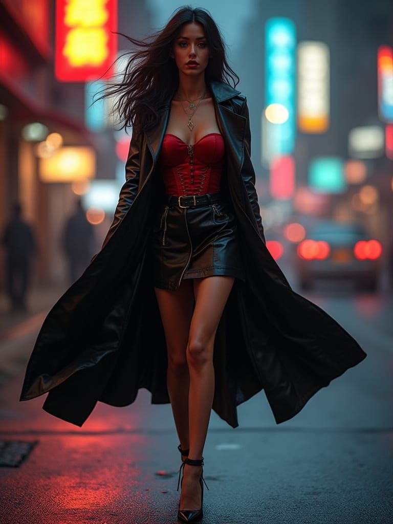 Confident Woman Dominates the City Streets in Cyberpunk Styl...