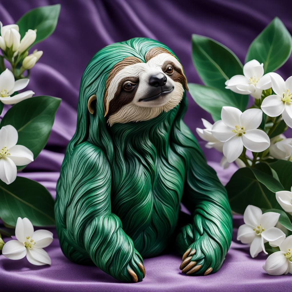 Luxurious Malachite Sloth Statue in a Lavish Velvet Setting