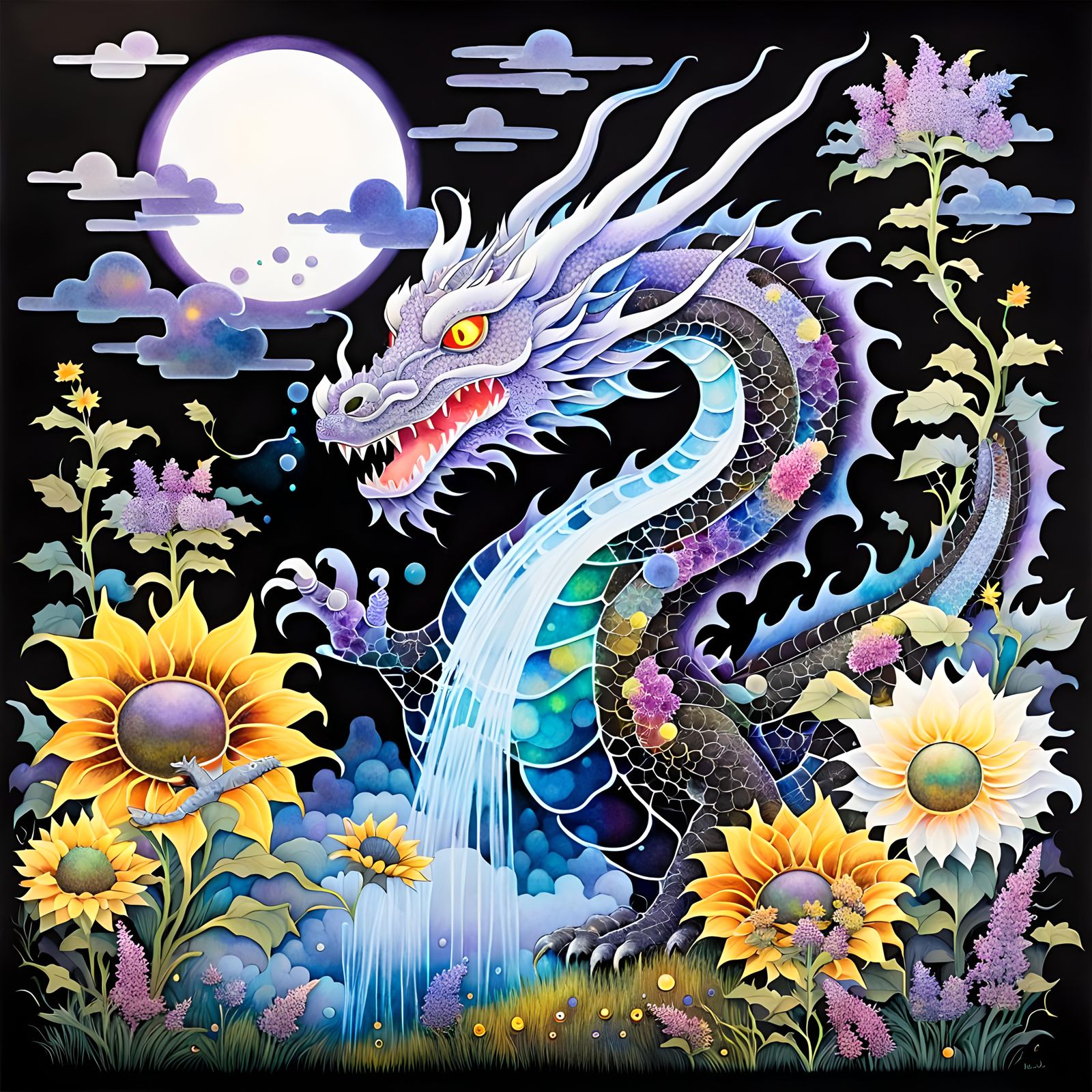 Prismatic Dragon in Foggy Grassland, Alcohol Ink Style