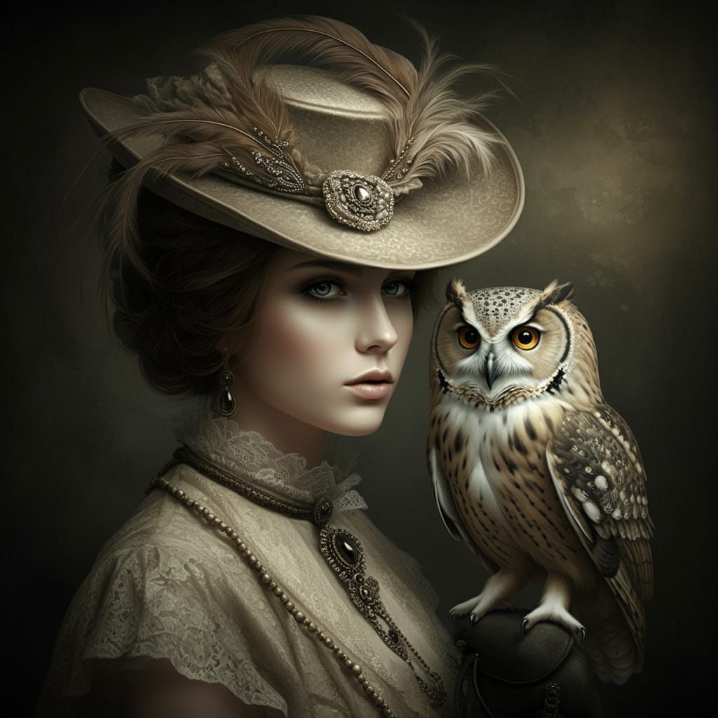 Mysterious Woman in Victorian Hat with Owl, Dark Realistic A...