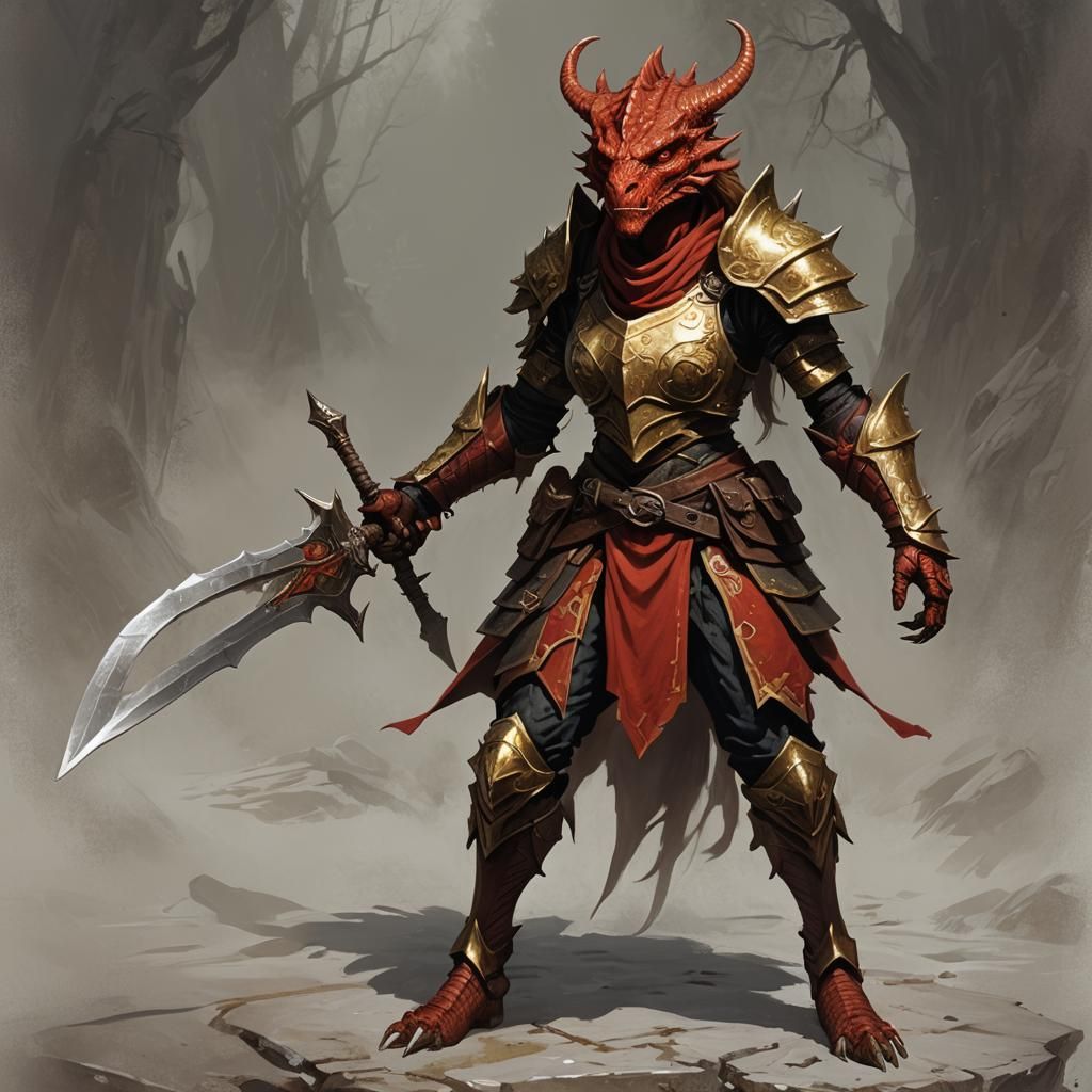 Sinister Red Dragonborn Fighter with Golden Eyes