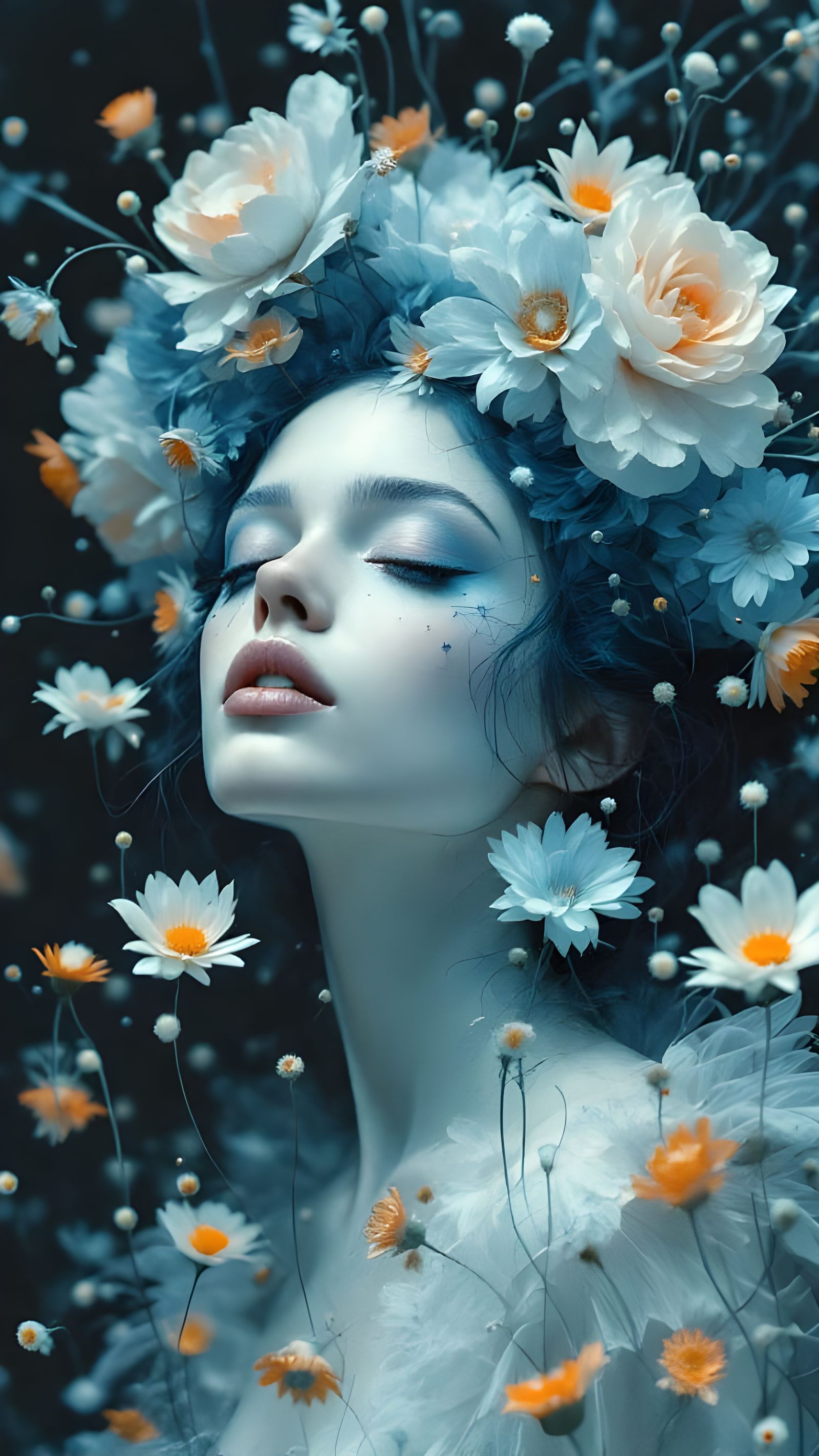 Surreal Portrait in Soft Blues and Orange Accents