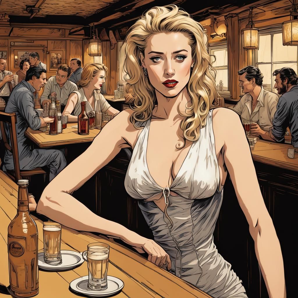 Beautiful Woman in Tavern, Black Ink Comic Style