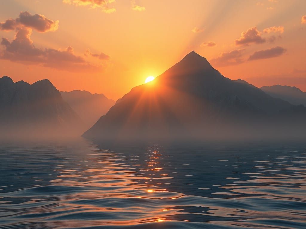 Surreal Realistic Landscape with Serene Mountains and Sunset
