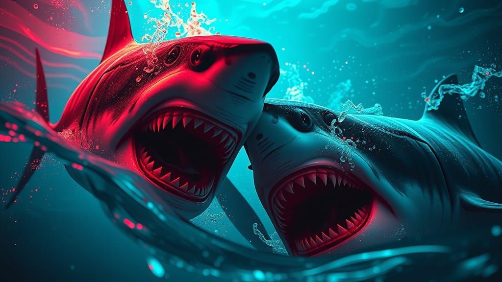 Sharks Devouring Politician in Psychedelic Horror Art
