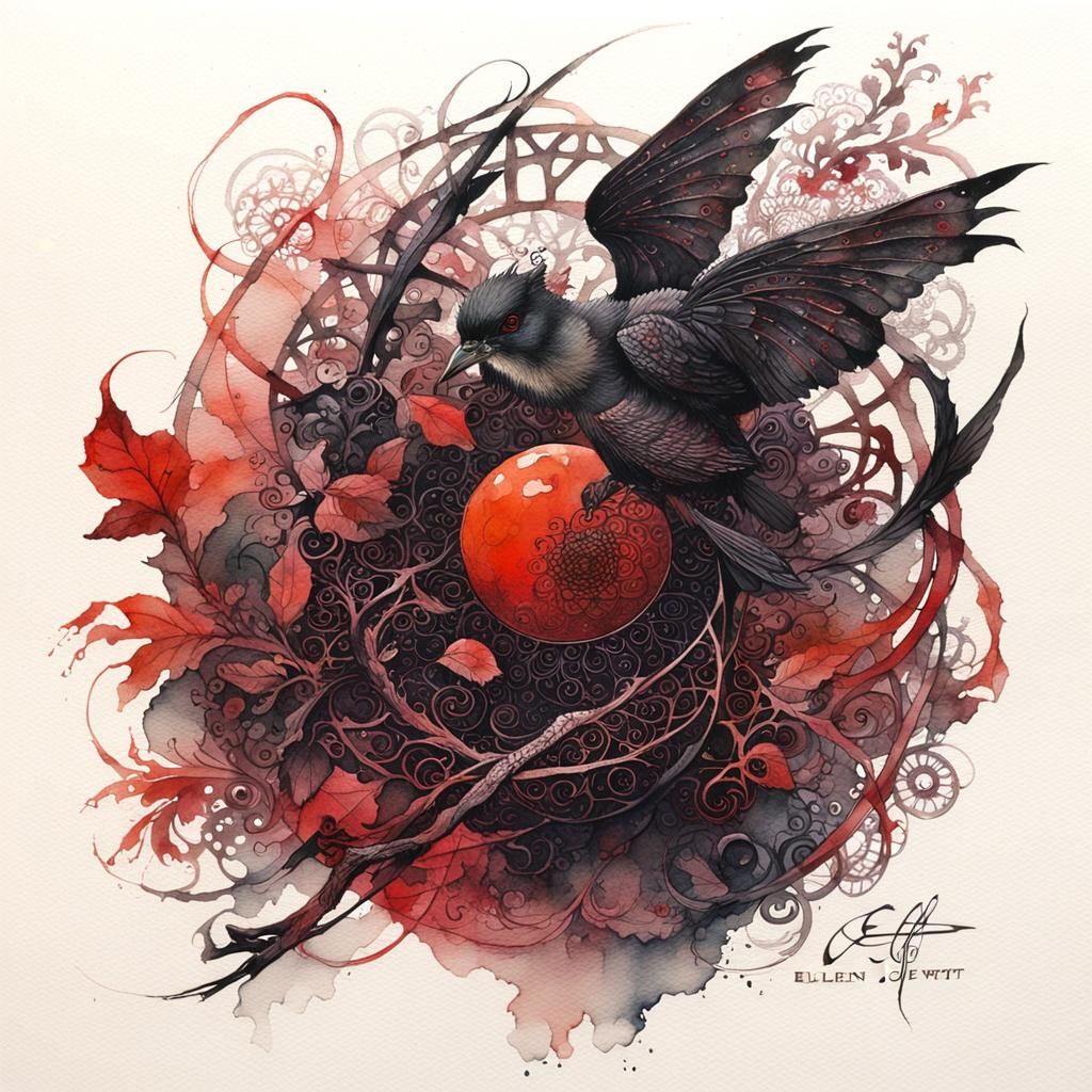 Intricate Dark Watercolor Painting in Vintage Style