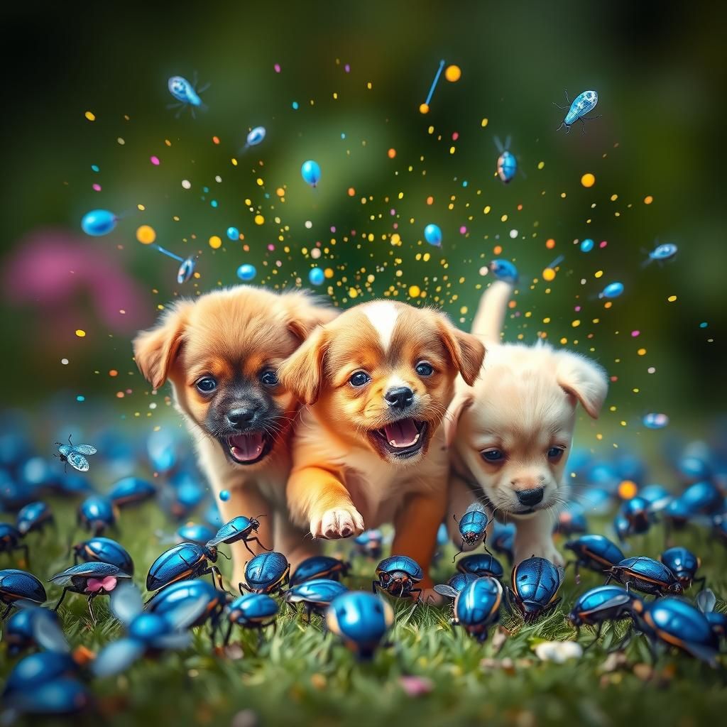 Playful Puppies Discover Bright Blue Beetles in Pop Art