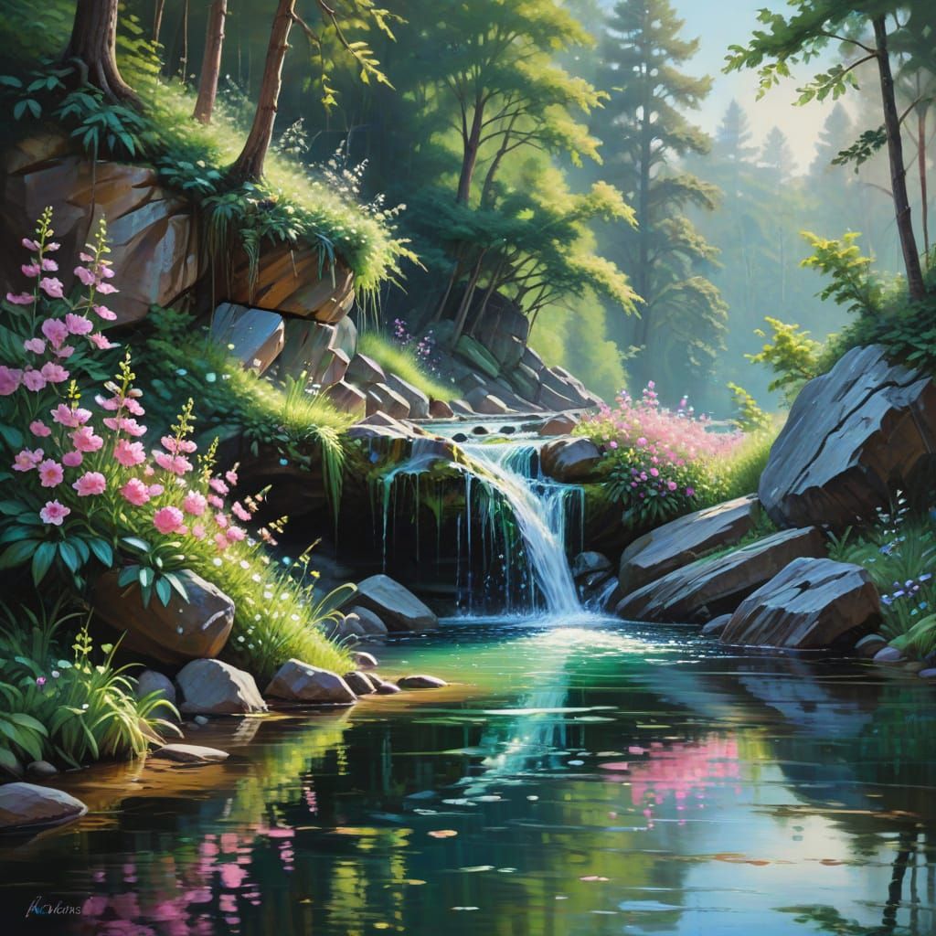Hidden Waterfall in Romantic Oil Painting Style