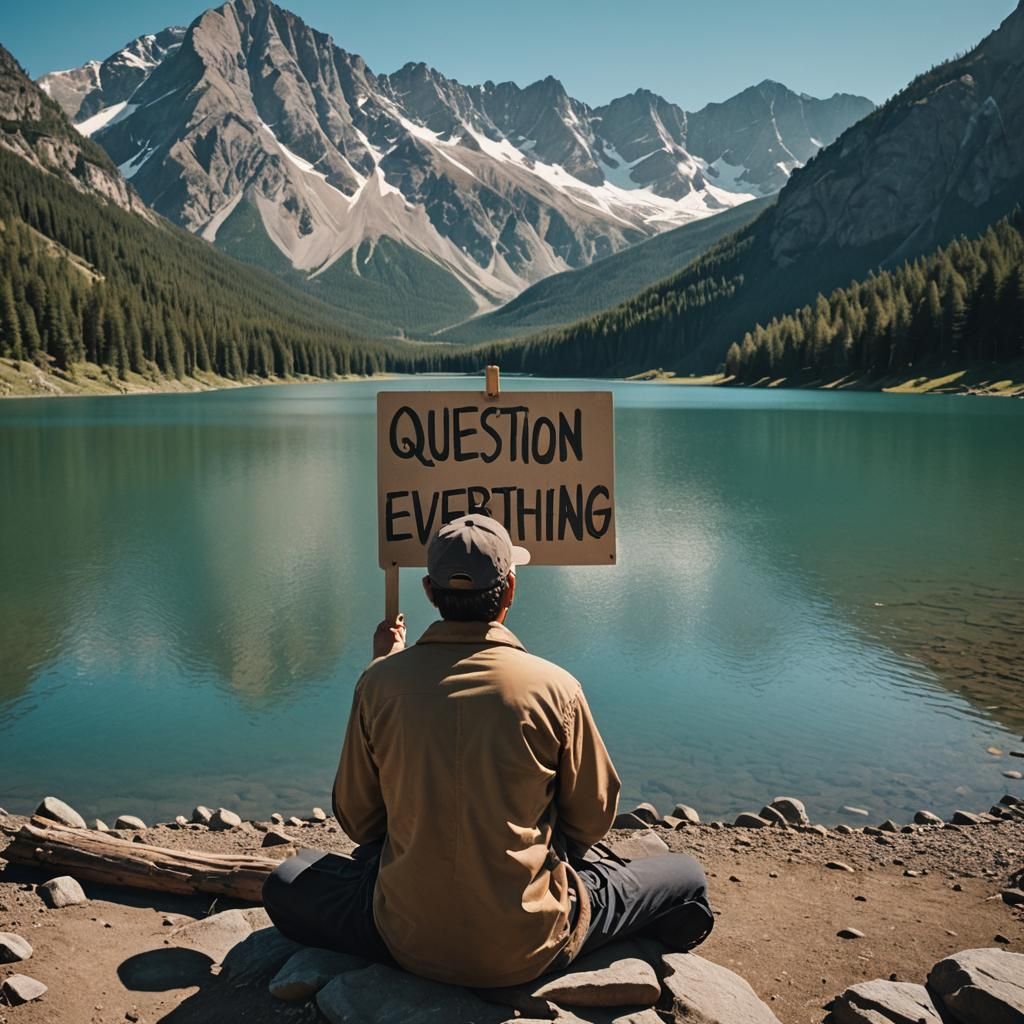 Man by Lake Holding 'Question Everything' Sign
