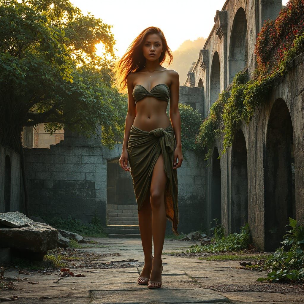 Woman in Ancient Ruins at Sunset