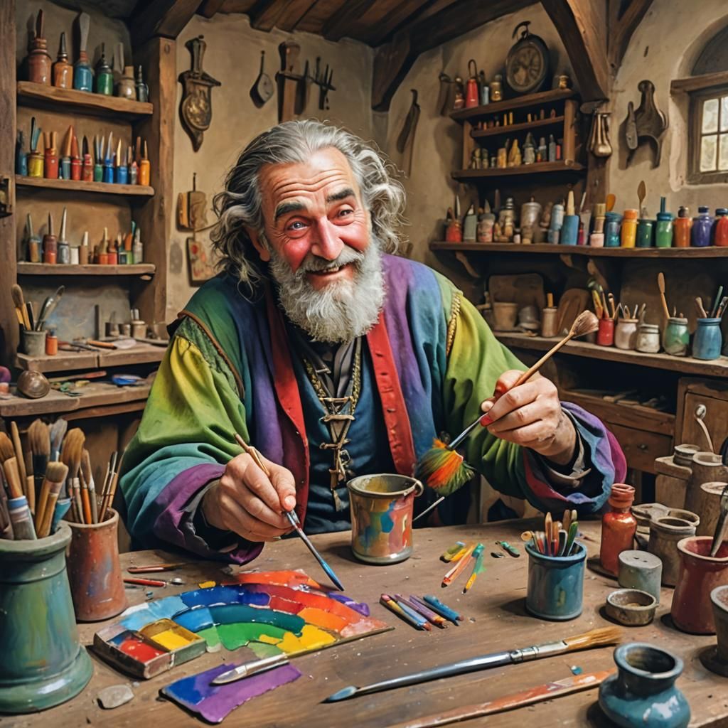 Eccentric Craftsman Admiring Rainbow Painted Nails