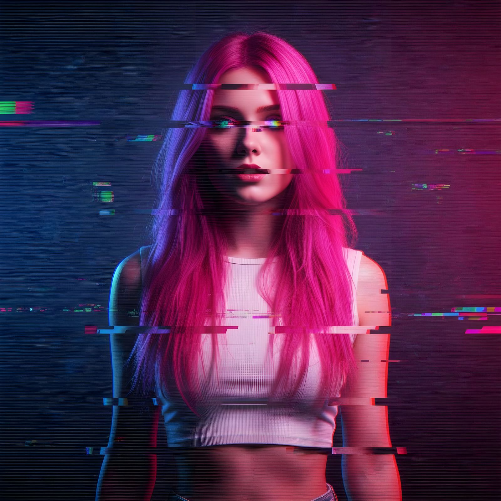 Glitchcore Portrait of Young Woman with Pink Hair