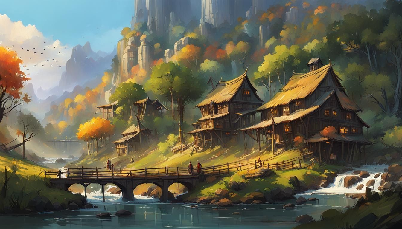 Fantasy Village with Waterfalls: Digital Matte Painting