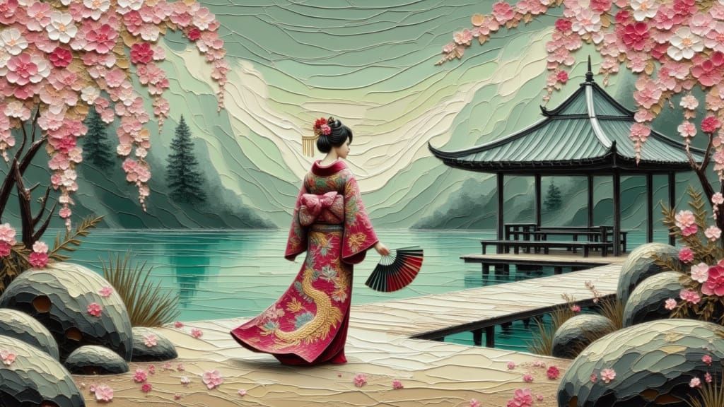 Woman in Pink Kimono Dancing in Zen Garden