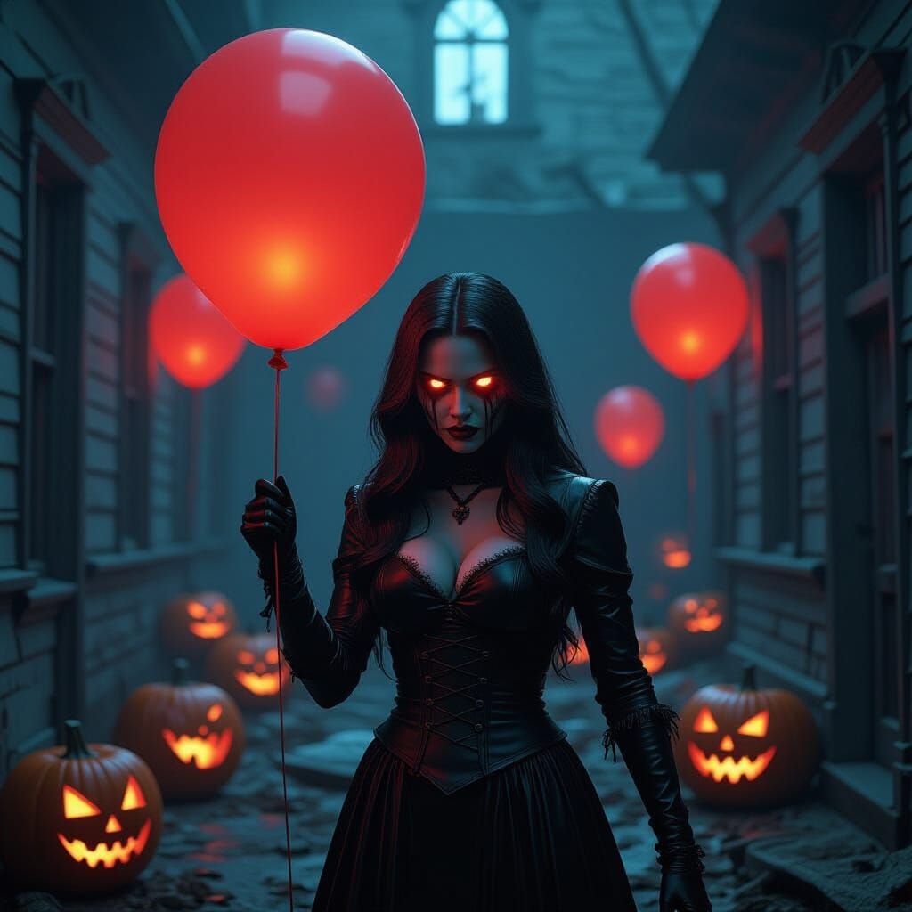 Zombie Scarlet Witch With Halloween Balloons in Dark House