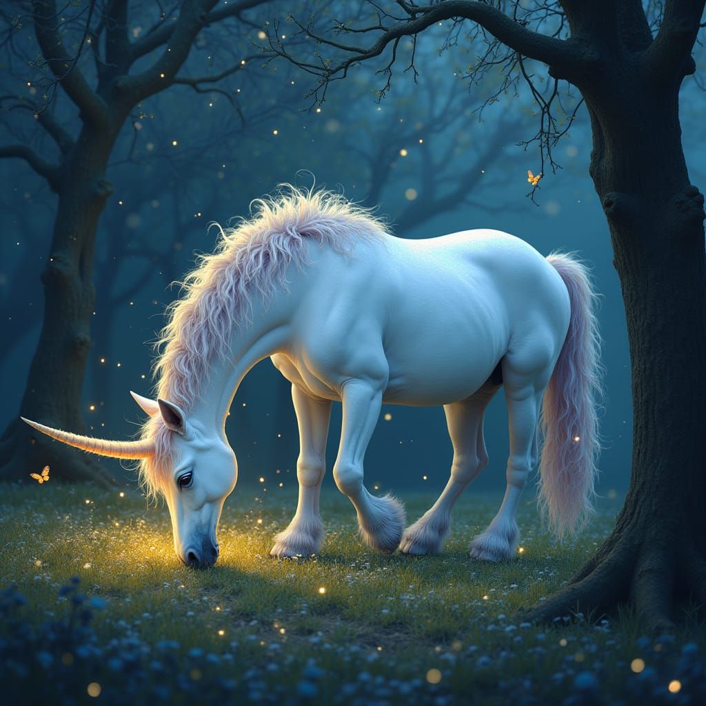 Mystical Unicorn Grazing in Ethereal Forest Clearing