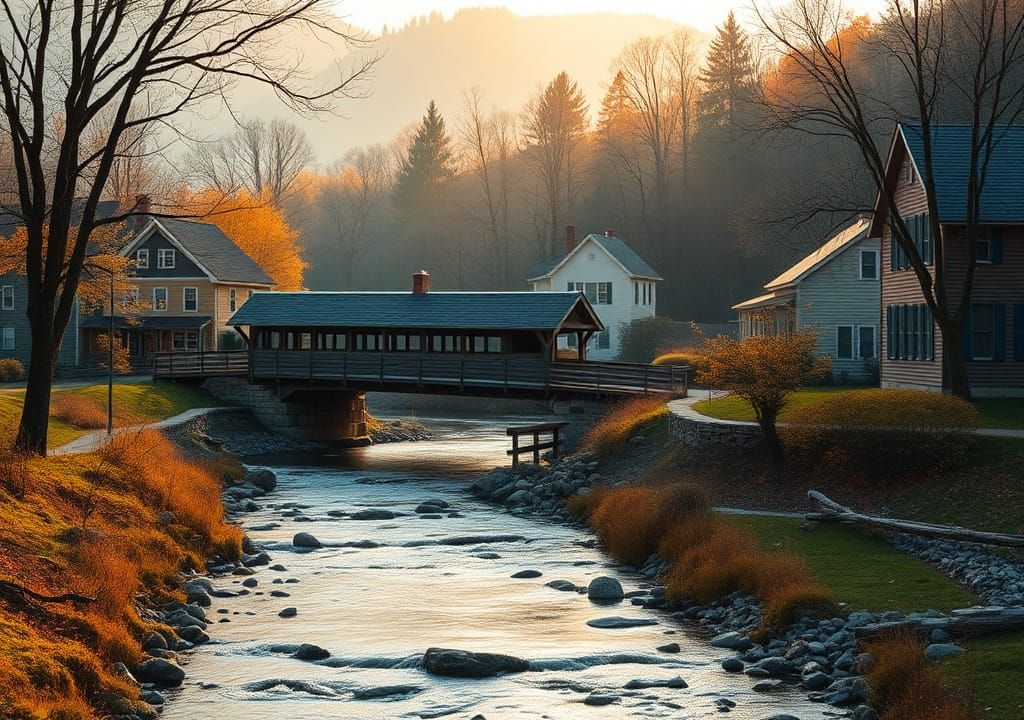 New England Village in Autumn as Oil Painting