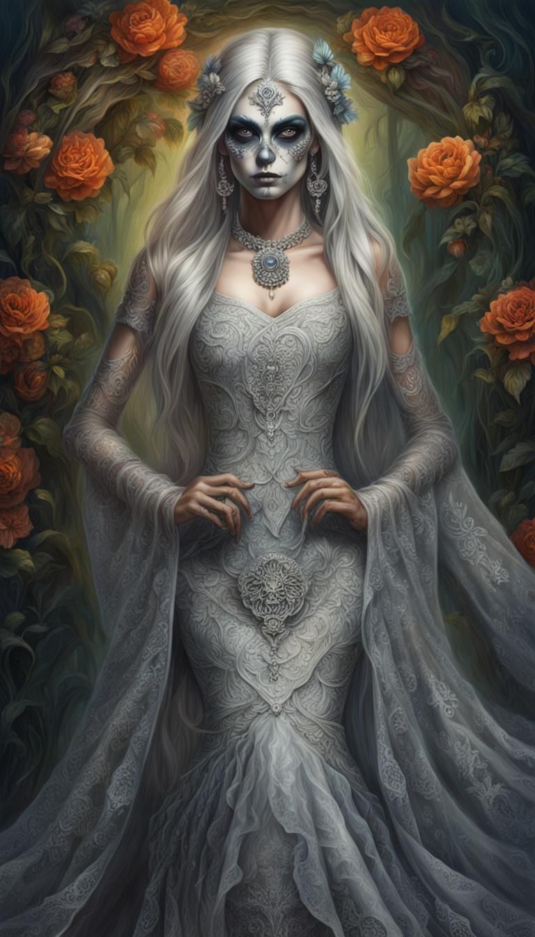Silver Banshee Dia de Los Muertos: Intricate Digital Art