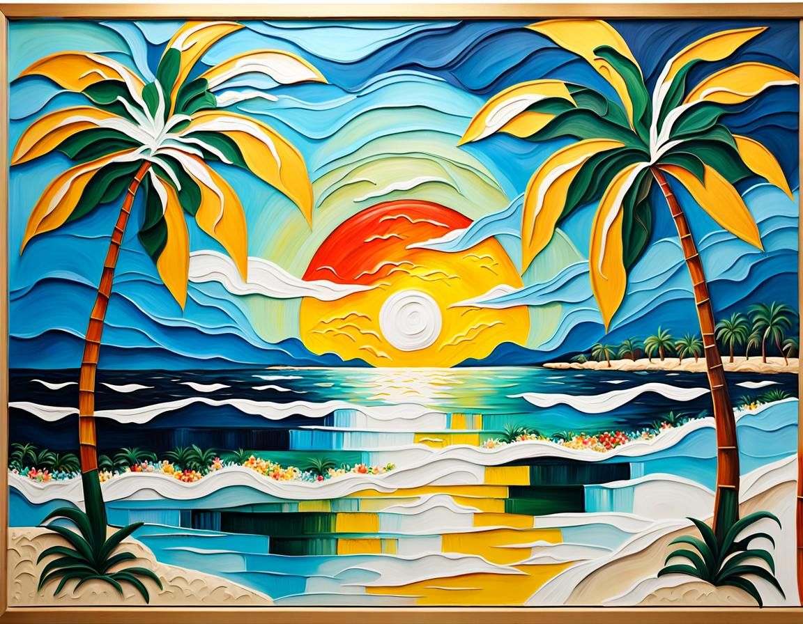 Tropical Beach Sunset: Impasto Oil Painting