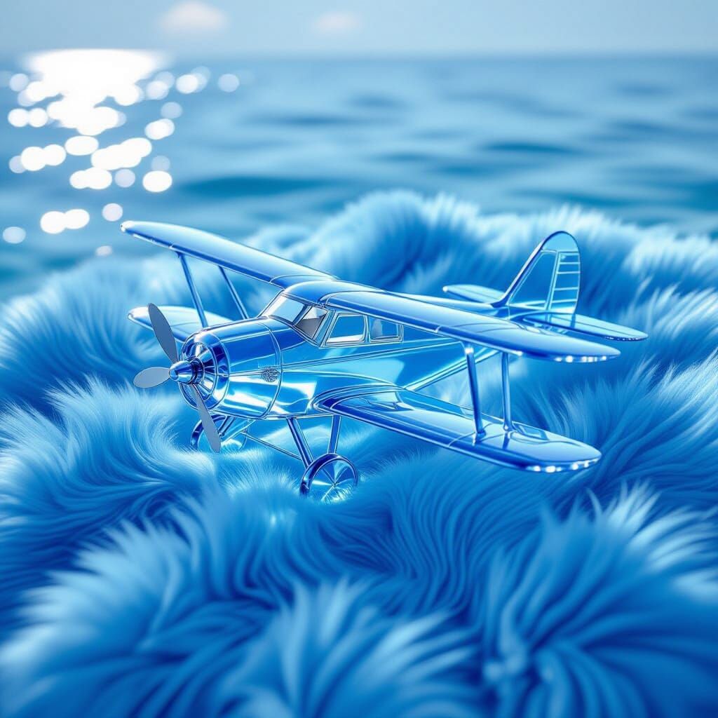Art Nouveau Blown Glass Sea Plane on Faux Fur