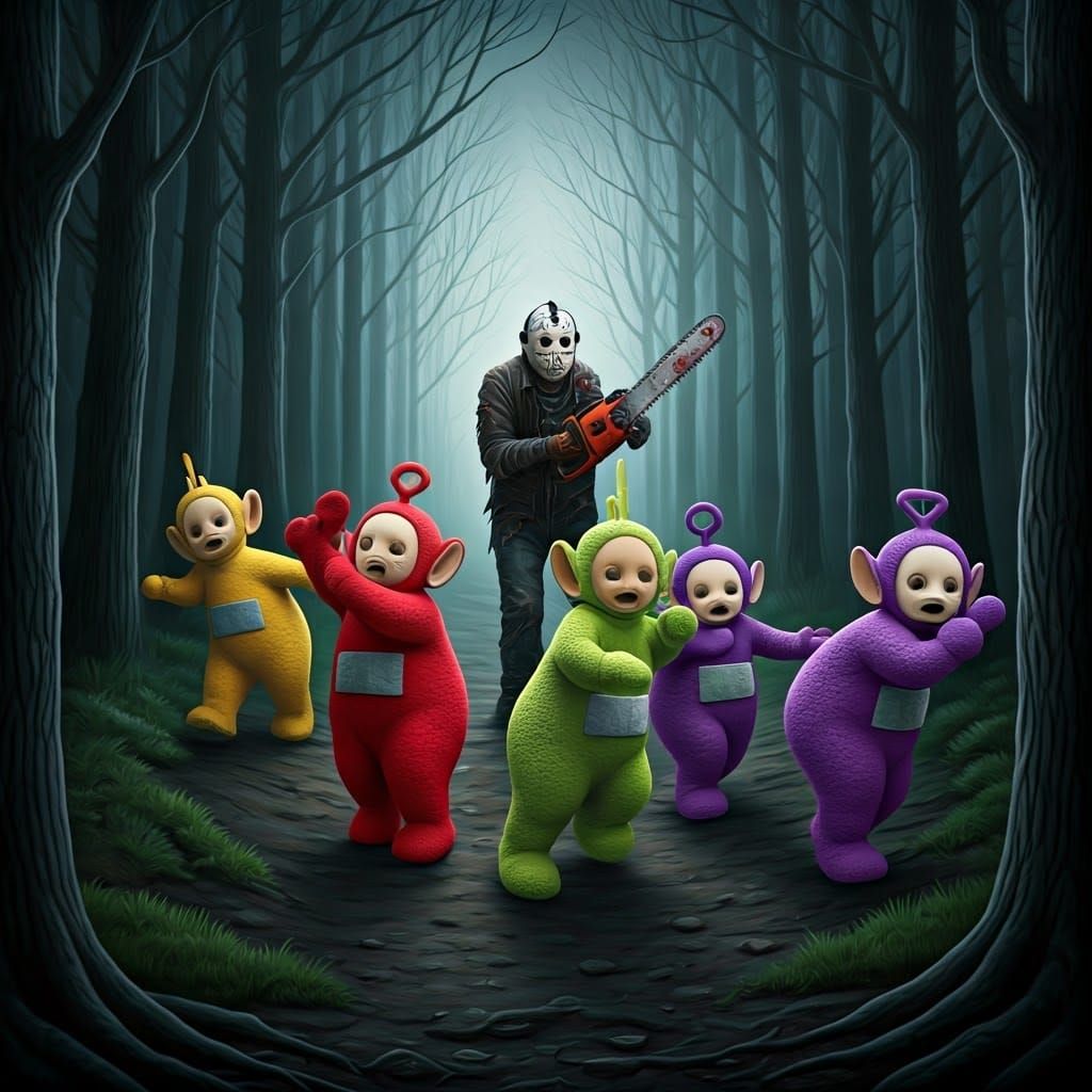 Teletubbies Fleeing from Horror Icon in Dark Forest
