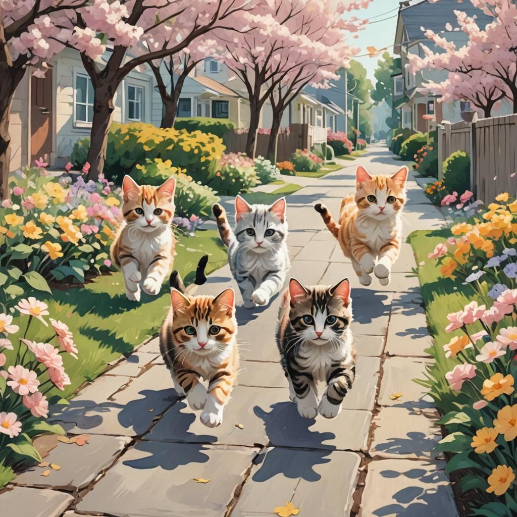 Whimsical Kittens Play in Sunny Pastel Scene